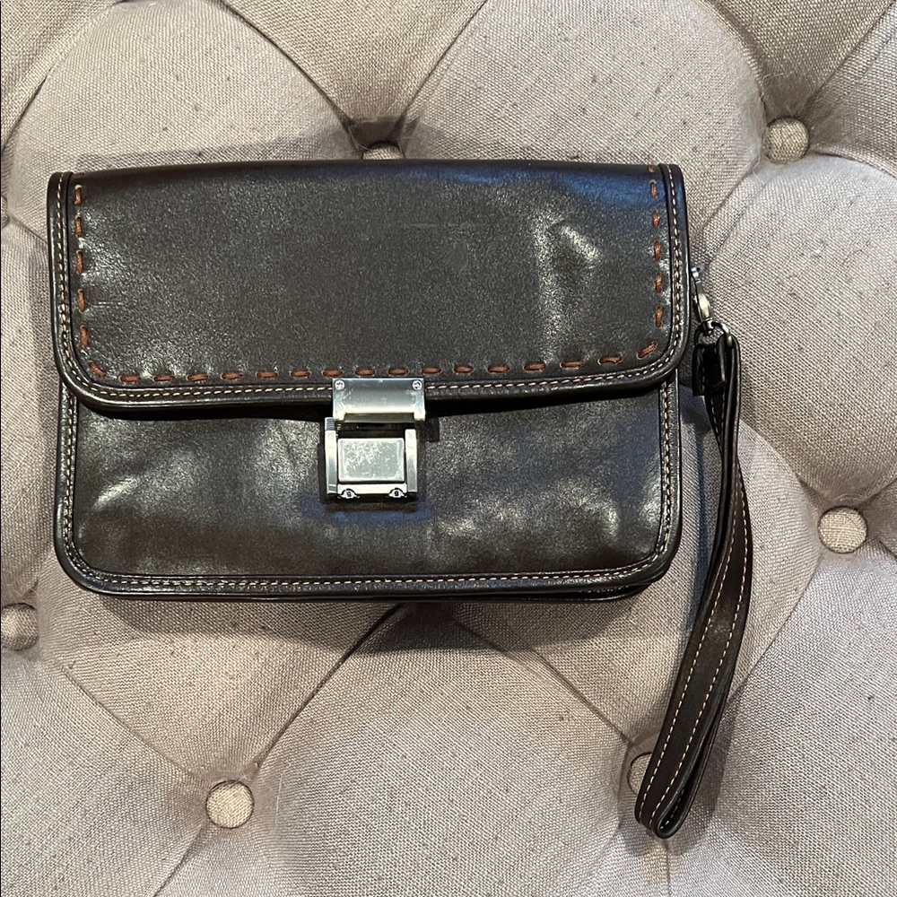Brown Leather Wristlet Clutch